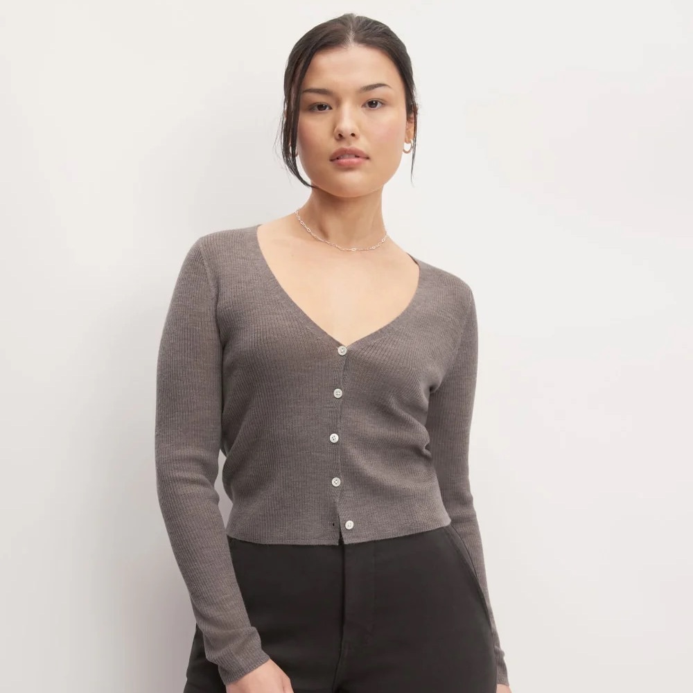 EVERLANE CARDIGAN IN ULTRASOFT MERINO - Heather Cocoa